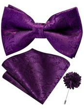 Branduce Paisley Pre-tied Bow Tie and Pocket Square Lapel Pin Set Dark Purple