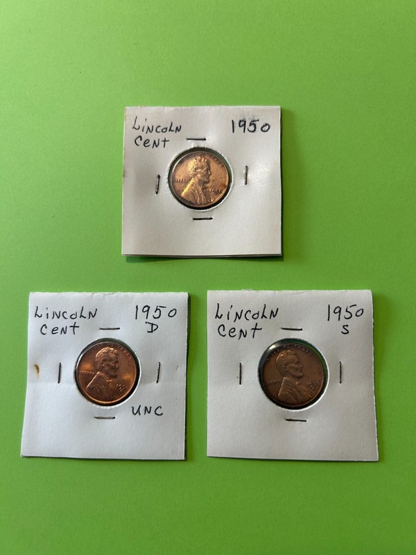 Lot #8)  1950 P-D-S 3pc Lincoln Wheat 1c Set - XF in separate coin flip holders