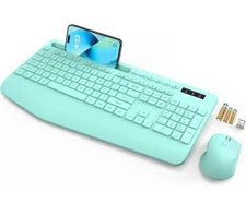 Mint Green Wireless Keyboard Mouse Combo, Wrist Rest, Phone Holder, Batteries