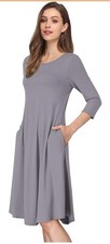 Women's Crew Neck Solid 3/4 Sleeve Pleated Flowy A Line Midi Long Dress Gray Med