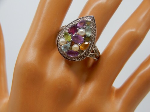 925 sterling silver teardrop shape multi color rhinestone cocktail ring - Picture 7 of 12
