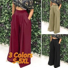 Women Elastic Waist Palazzo Trousers Culottes Full Length Wide Leg Pants 8-22