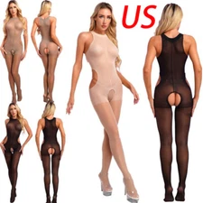 Womens Bodystocking Sheer Glossy Jumpsuit See-Through Lingerie Mesh Bodysuits