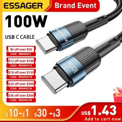 ESSAGER 100W TO USB C CABLE USB-C PD FAST CHARGING FOR MACBOOK SAMSUNG XIAOMI