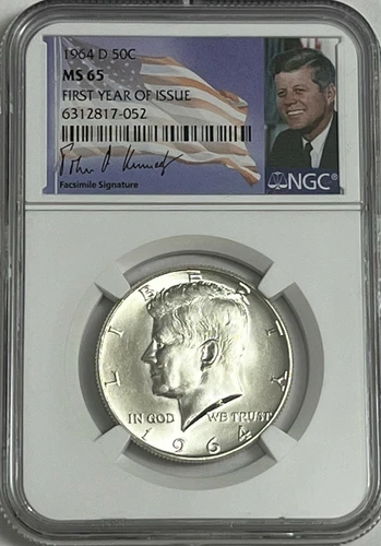 1964 D NGC MS65 Silver Kennedy First Year of Issue JFK Coin Signature Label 50C