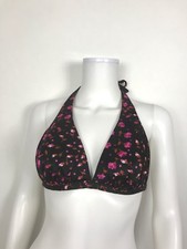 Vintage 1970s Pinup Bikini Top by High Tide size 11/12 Black Pink Floral Print