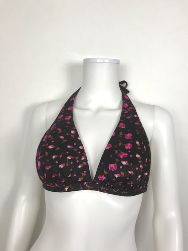 Vintage 1970s  Pinup Bikini Top by High Tide size 11/12 Black Pink Floral Print - Afbeelding 1 van 6