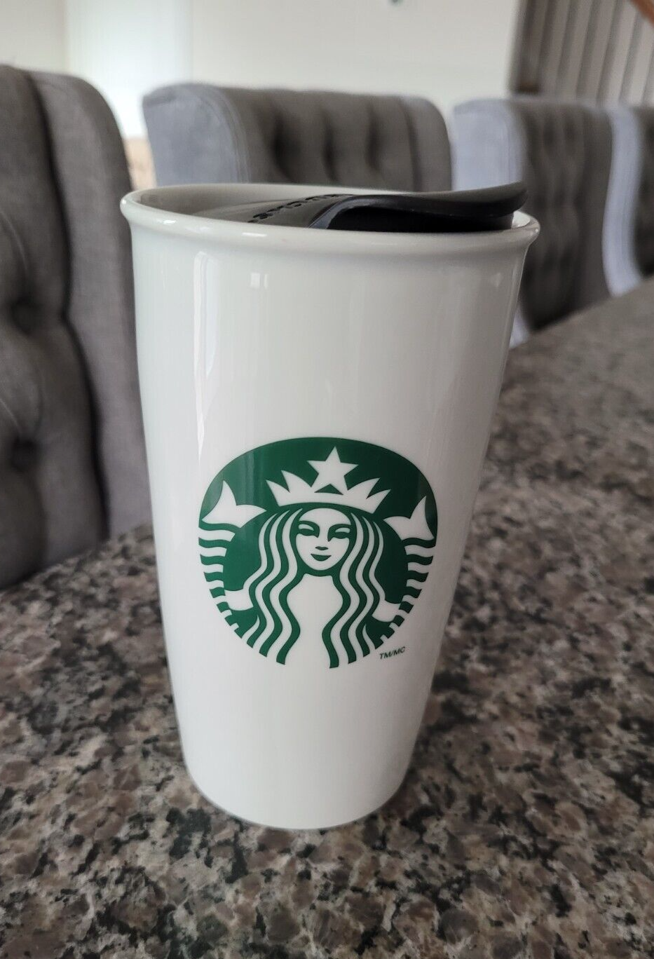 Starbucks 2014 White Ceramic Coffee Travel Cup Mug Tumbler 12 oz. w/ lid