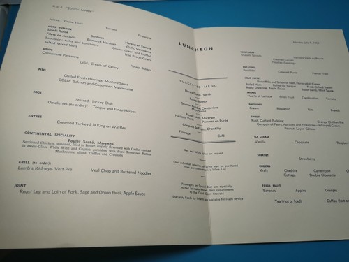 RARE RMS QUEEN MARY CUNARD WHITE STAR LINE LUNCHEON MENU JULY 8TH 1963 - Picture 3 of 3