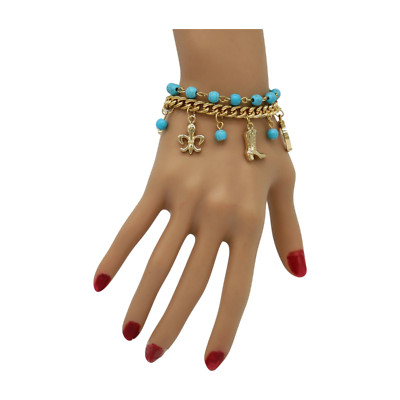 New Women Gold Metal Chain Western Bracelet Blue Rodeo Boot Sheriff Fleur De Lis