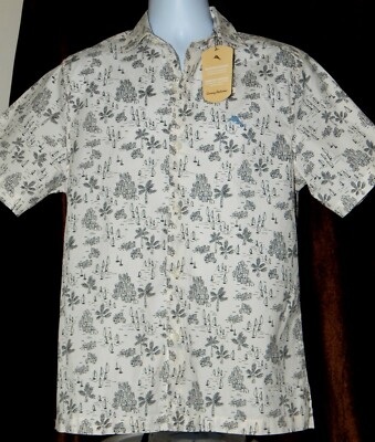 TOMMY BAHAMA MARLIN LOGO FOG GREY BUTTON DOWN ALLOVER PRINT SHIRT SMALL NWT $139