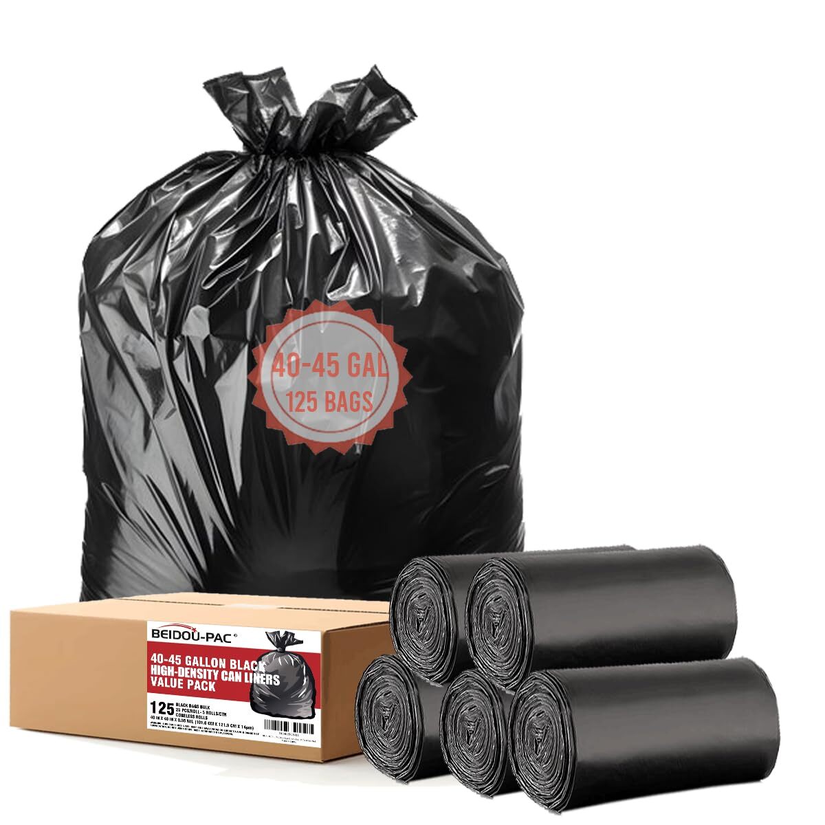40-45 Gallon Lawn & Leaf Trash Bags, 125 Count Bulk, Black Garbage bags, Mult...