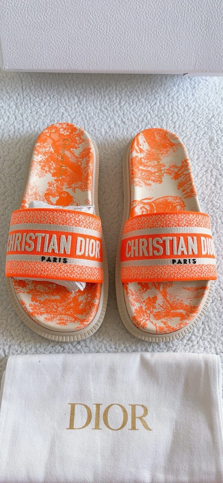Christian Dior Dway Sandales Slides Fluo Toile de Jouy Brodé Orange 41/11