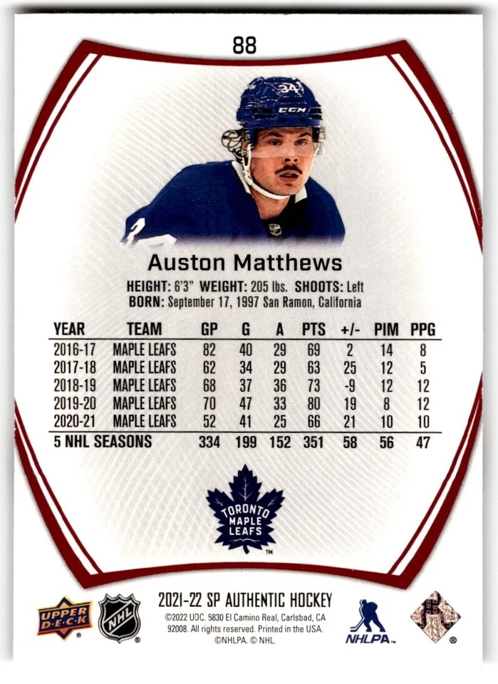 2021-22 SP Authentic Limited Red Auston Matthews #88 Toronto Maple Leafs - Image 2 of 2