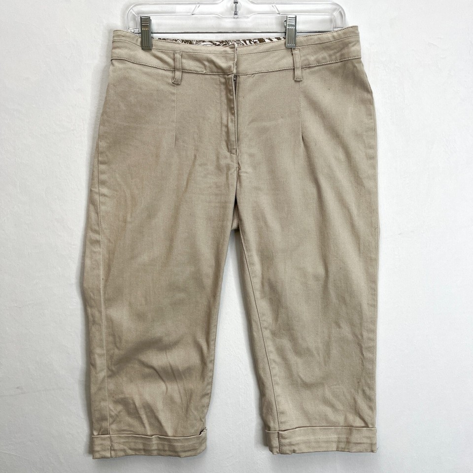 Wild South Womens Size 10 Beige Cropped Capri Trousers Cotton Stretch Cuff