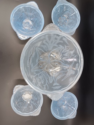 1930's WALTHER AND SOHNE "Nymphen" Mermaid & Fish Blue Frosted Glass Set of 5 - Picture 24 of 24