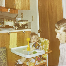 1972 Little Girl in High Chair Toys Kitchen Cake Food Man w/ Mutton Chops Photo