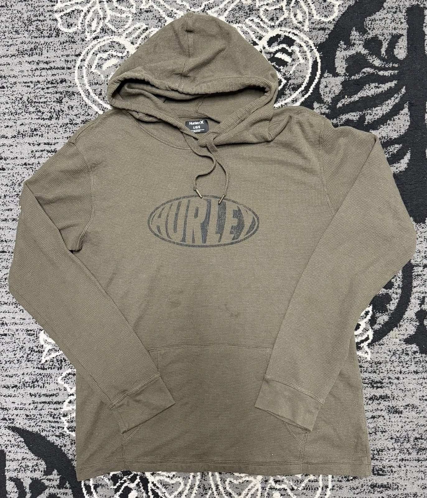 Hurley Khaki Thermal Long Sleeve Hoodie Size L #surfwear #thermal