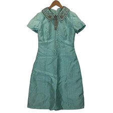 Vtg Aqua Blue Mod Shift Dress Embellished Peter Pan Collar Homemade Sz M READ