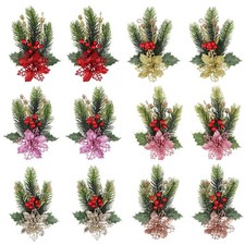 12Pcs Christmas Artificial Poinsettia Flowers,Poinsettia and Holly Berries Si...