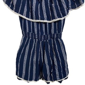 Lulus Navy White Embroidered Off Shoulder Ruffle Romper Boho Coastal Size Medium