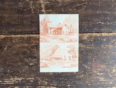 Vtg 90s Original Art Farm Barn Study Red Chalk on Paper by Anonymous Artist