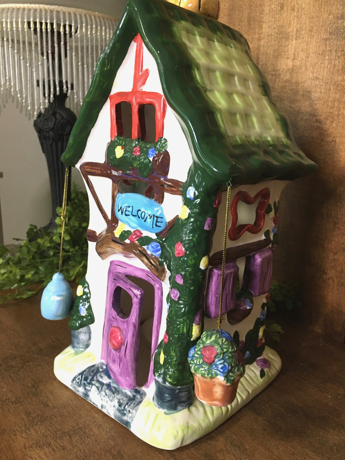 Imperfect Ceramic Cottage Tea Light Candle Holder Welcome Ornate 10.5" Tall Vtg.