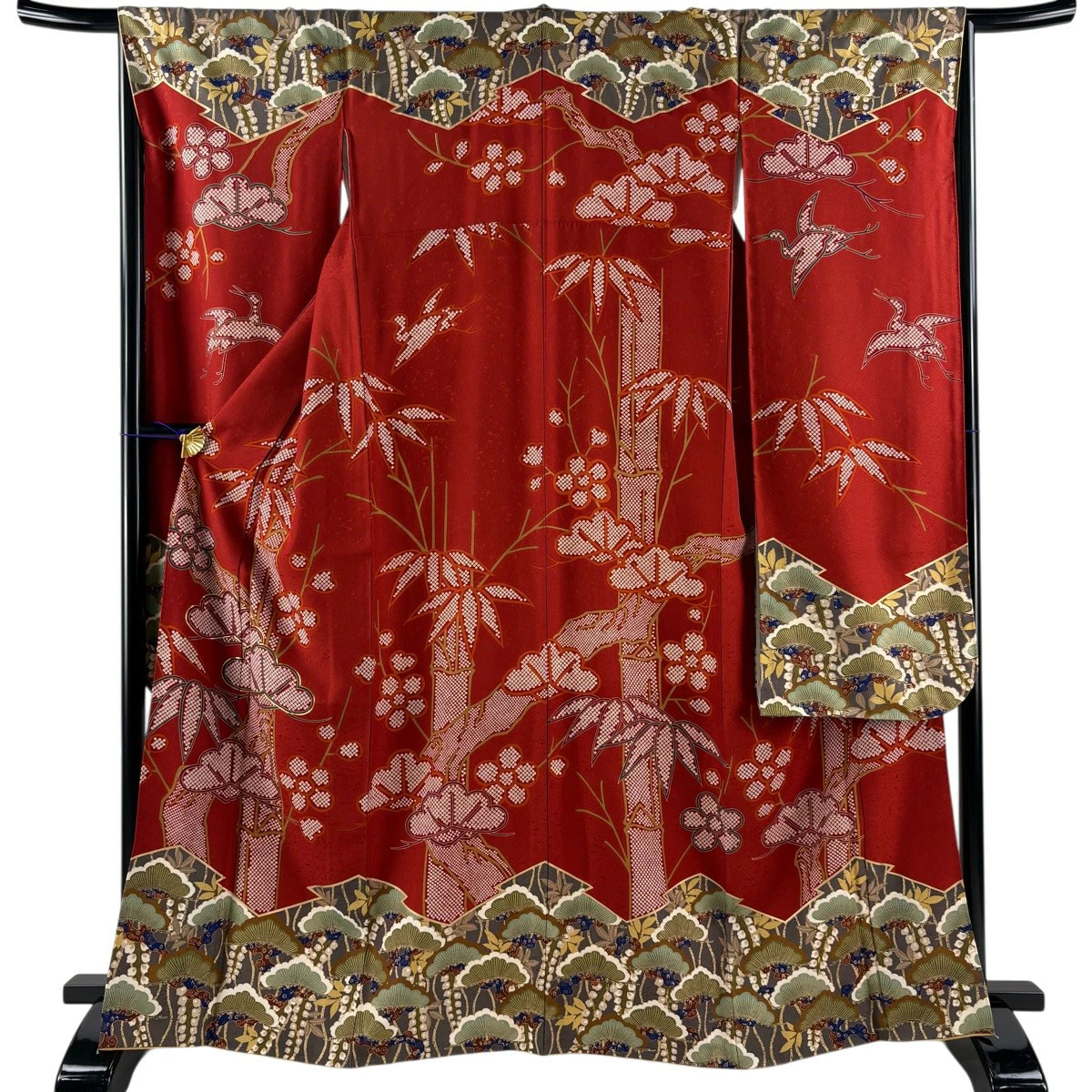Red Silk Furisode Kimono M Size 1675cm Sleeve Length 67cm Used Pine Bamboo Plum