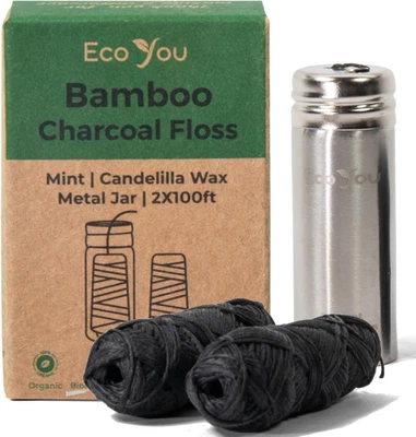 Ecoyou Charcoal Dental Floss Refills & Holder | Bamboo & Mint Eco-Friendly Set