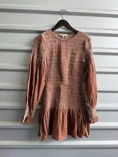 LoveShackFancy Scarlett Velvet Velour Puff Sleeve Smocked Bronze Mini Dress XS