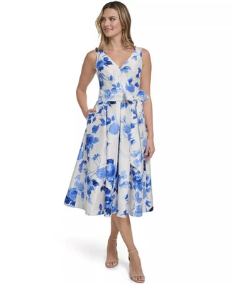 Jessica Howard Petite Dress 6P White Blue Floral Fit & Flare Belted Midi NWT - Image 1 of 4