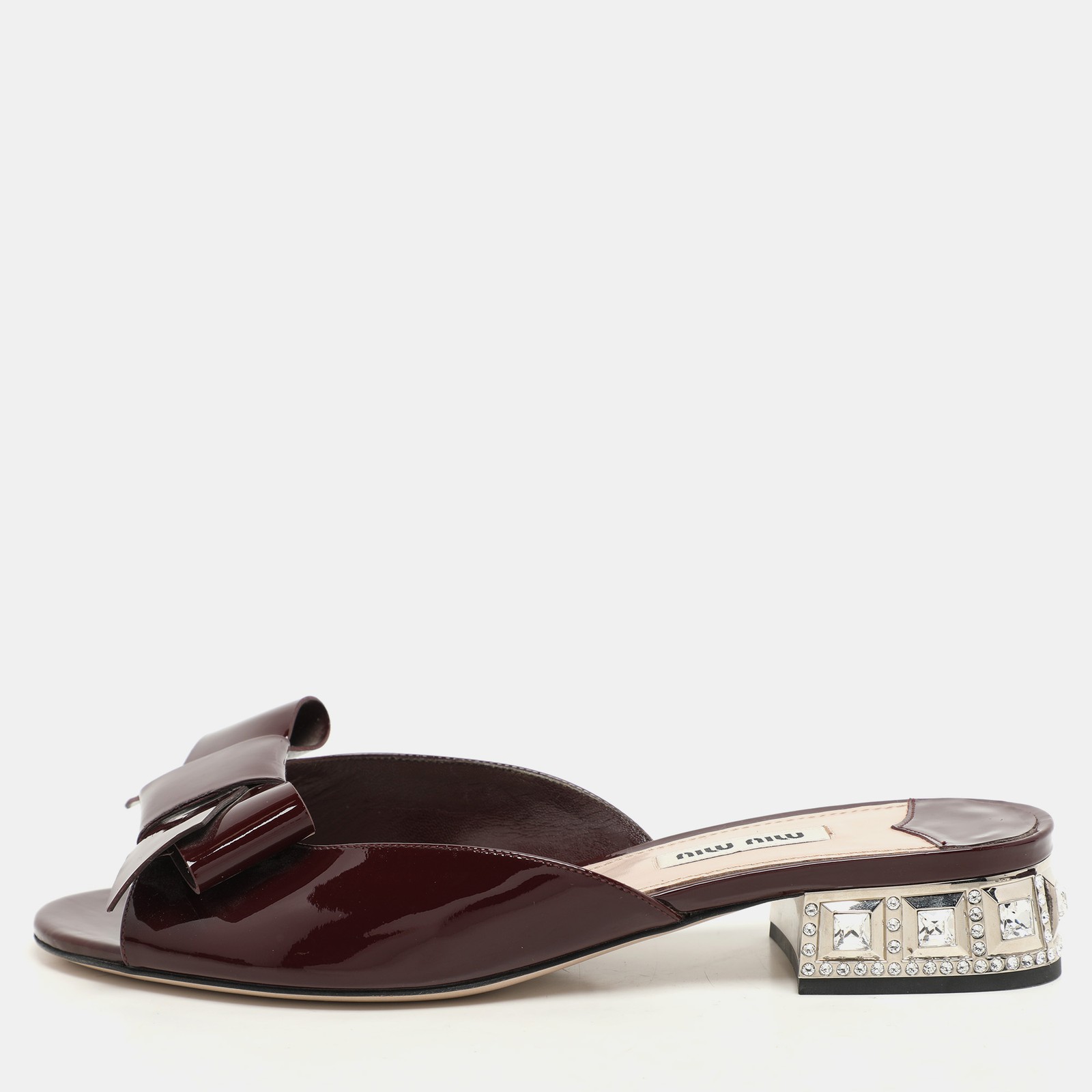 Miu Miu Burgundy Patent Leather Bow Crystal Heel Slide Sandals