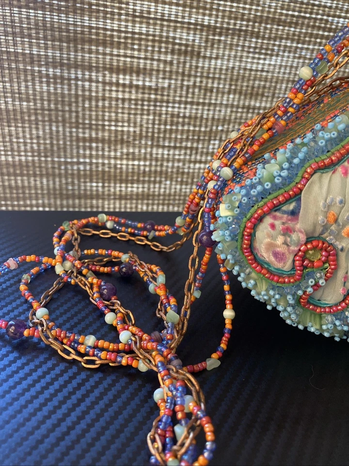 Mary Frances Light Blue Beaded Suede Handbag With Floral Interior Lining - Image 3 of 4