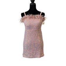 Iridescent Pink Sequin Mini Dress withMarabou Trim Nickie Lew