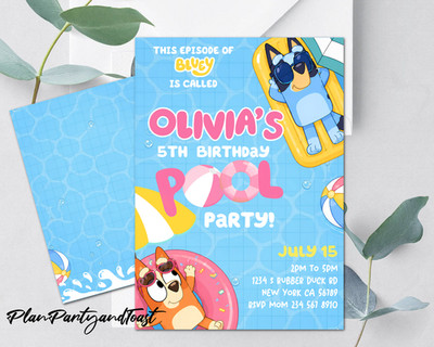 Bluey birthday invitation Pool Party 5x7 digital invitation ready in 24 hours!