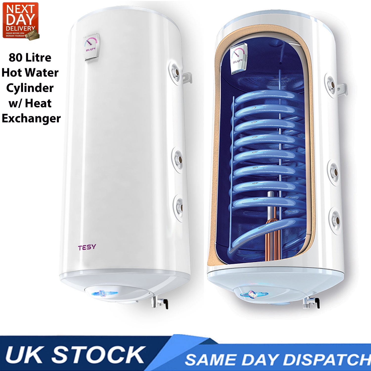 80 Litre Electric Hot Water Cylinder with Internal HEAT EXCHANGER TESY BiLight