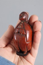 Antique 18thC French Snuff Box Folk Art Carved Coquilla Nut Figural Man Snuffbox