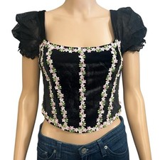 Sugar Thrillz Velvet Lace Corset Crop Top Medium Floral Coquette Regency Rococo