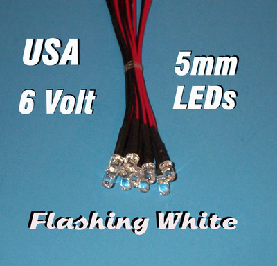 10 FLASHING LEDS 5mm PRE WIRED 6 VOLT WHITE 6V BLINK