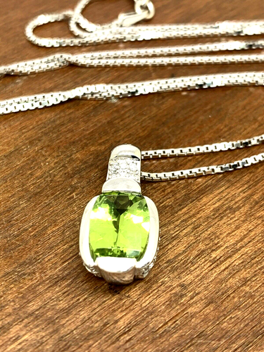 Lorenzo Green Peridot Diamond Pendant 18k White Gold Women's Necklace 18'' - Picture 9 of 13