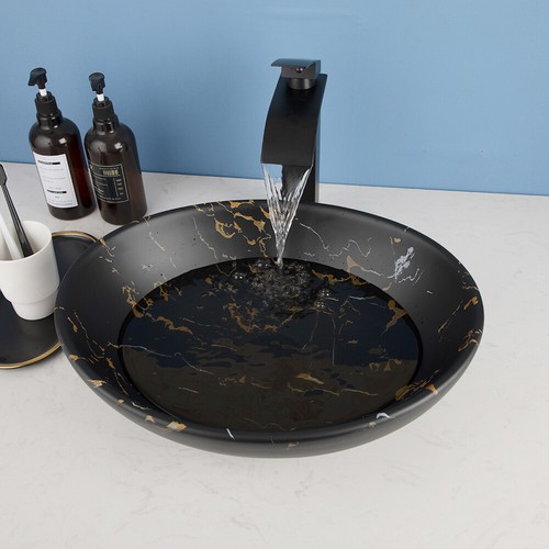 US Bathroom Vessel Sink Oval Ceramic Black Waterfall Deck Mount Mixer Basin Taps - Picture 5 of 15
