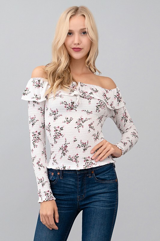 Boho Floral Off-Shoulder Ruffle Long Sleeve Fitted Crop Top