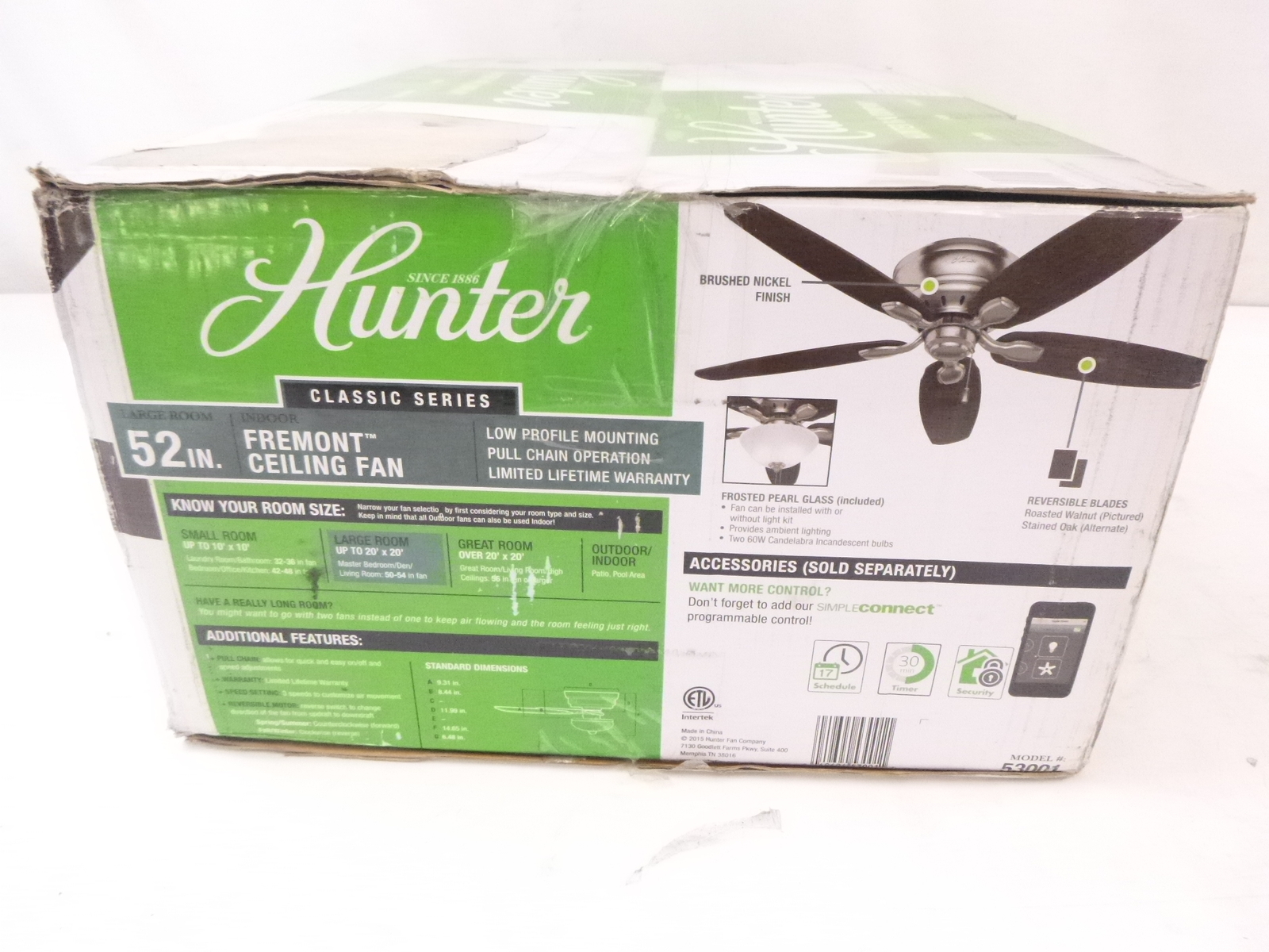 Hunter 52" Freemont Ceiling Fan Brushed Nickel With Optional Light Kit