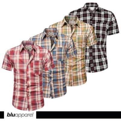 Herren Kurzarm Kariertes Baumwollhemd Marken Rot Blau Grün Schwarz S - 4XL