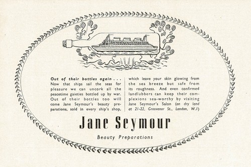 1940s Vintage Jane Seymour Beauty Salon Cosmetics Ship in Bottle Art Print Ad