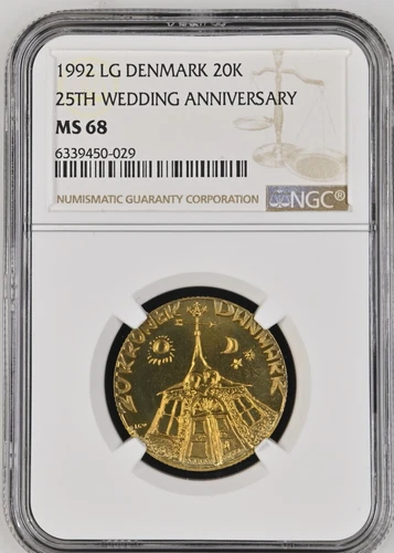 1992 LG  DENMARK 20 KRONER 25TH WEDDING ANNIVERSARY - NGC MS68 - TOP POP