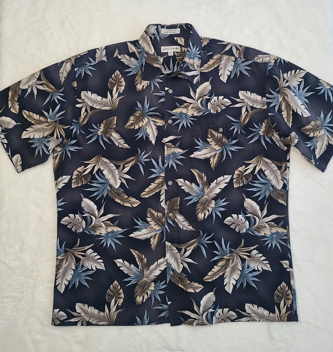 Pierre Cardin Shirt Leaves Print Button Down Short Sleeve Cotton Black/Tan L