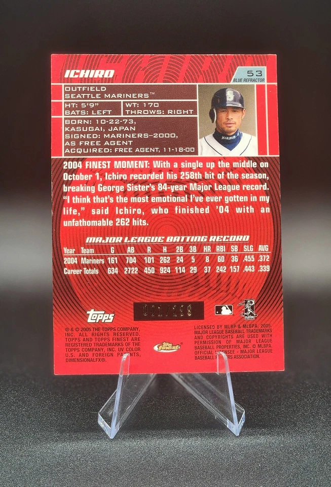 2005 Topps Finest Ichiro Suzuki Refractor Blue FOTL # 1/299 Color Match Gem Mint - Image 2 of 4