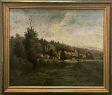 Tableau peinture ancienne Paysage animé XIXe