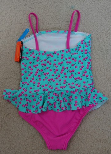 O'RAGEOUS green w pink cherry ruffle bottom ruched side strap 1-pc swimsuit, 4 - Picture 2 of 2